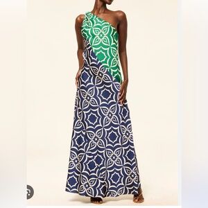Misa Los Angeles Green and Navy Geometric Maxi Dress